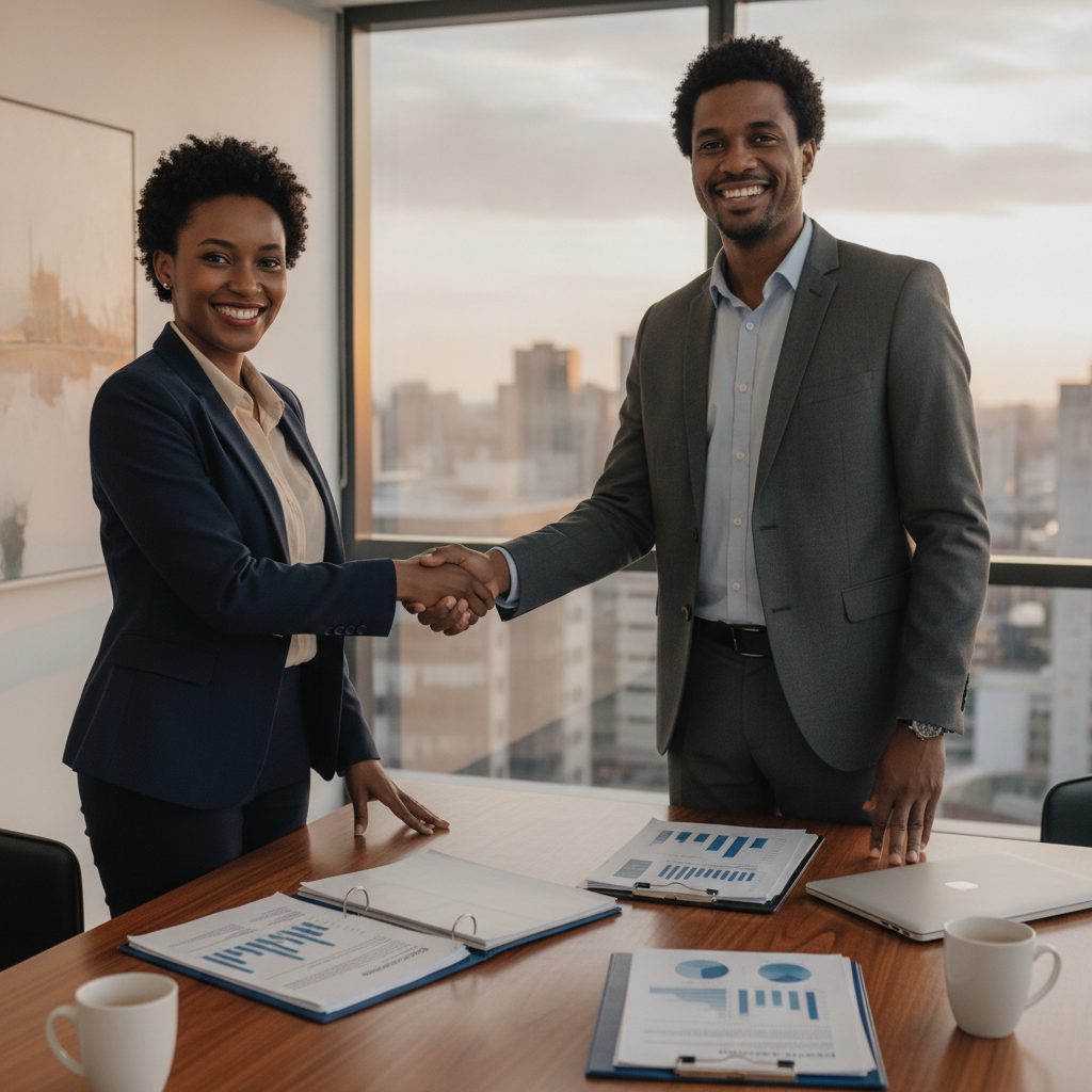 Two professionals closing a successful government tender deal